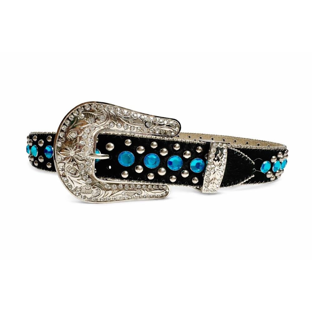 Western Hair On Hide Belt Size 24 Turquoise Studded Rhinestone Silver Buckle